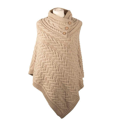 Aran Cable Button Shawl Neck Poncho - Cozy Knitwear for Women
