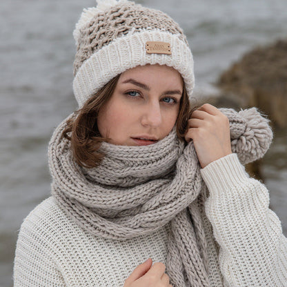 Aran Cable Knit Pom Pom Scarf Elevate Your Winter Style with Aran Cable Knit Pom Pom Scarf