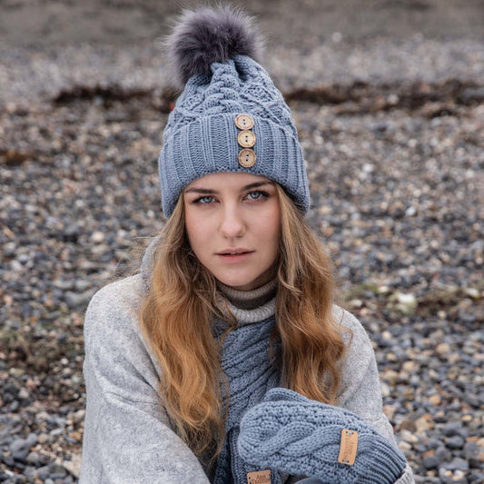 Aran Diamond Cable Button Hat Fisherman Stitch Pom Pom Hat | Chunky Rib Knit with Faux Fur Pom Pom
