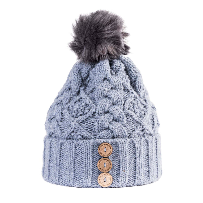 Aran Diamond Cable Button Hat Fisherman Stitch Pom Pom Hat | Chunky Rib Knit with Faux Fur Pom Pom