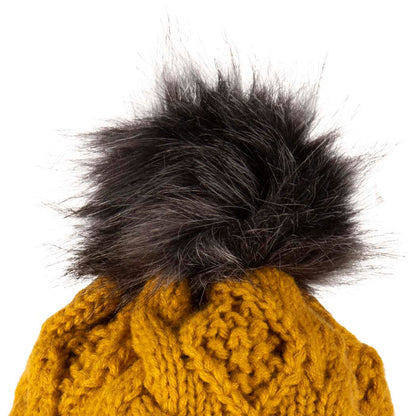 Aran Diamond Cable Button Hat Fisherman Stitch Pom Pom Hat | Chunky Rib Knit with Faux Fur Pom Pom