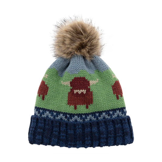 Aran Knitted Pom Pom Cow Beanie
