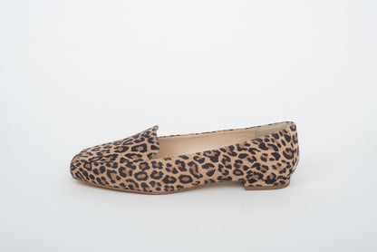 Side shot of Leopard print flat shoe available in European sizes 42 43 44 45 46 standard and wide fit