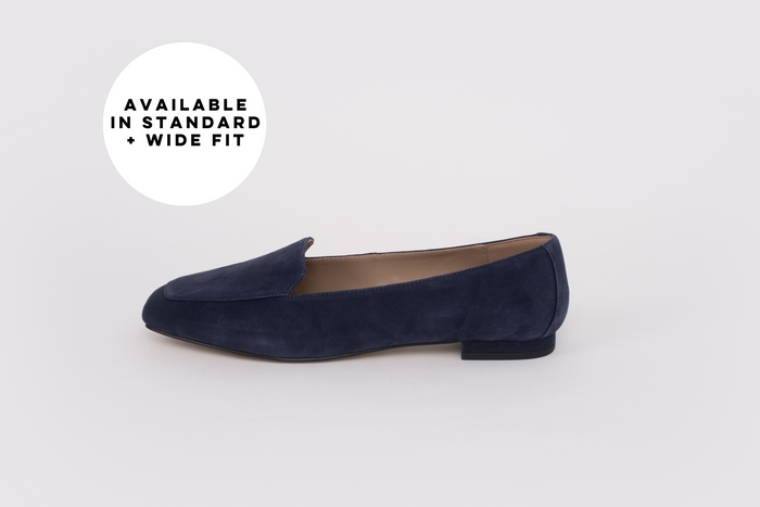 Navy Flat shoe available in large womens sizes, standard and wide fit.