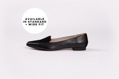 Side profile of womens flat shoe Ava in black. Available in larger European sizes 42-46 and Uk sizes 8-12