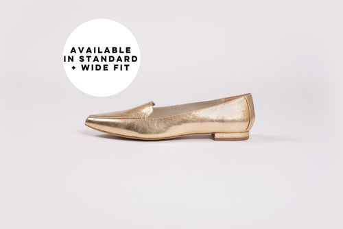 Side profile of Ava Gold. A womens flat shoe available in larger sizes starting from size 8 up to a size 12. Standard and wide fit.