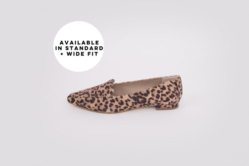 Side profile of Ava Flat, in leopard print. A womens flat shoe available in larger sizes 42-46, -22, standard and wide fit.