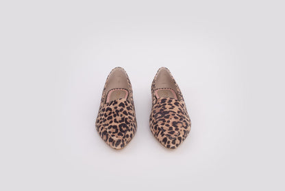 Front veiw of Ava Flat in Leopard print. A womens flat shoe available in larger sizes 8-12. Standard and wide fit.