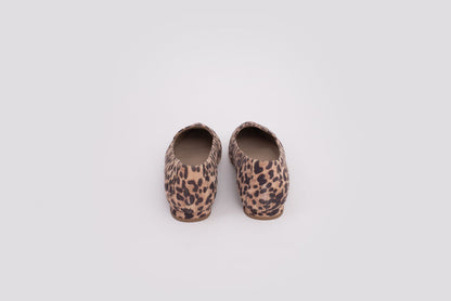 Back view of Ava Flats in leopard print. Available in standard and wide fit, and larger womens sizes 8-12 and 42-46