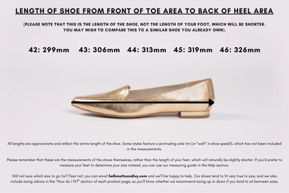 Measurement diagram displaying lengths of womens large size shoes in sizes 42,43,44,45 and 46.