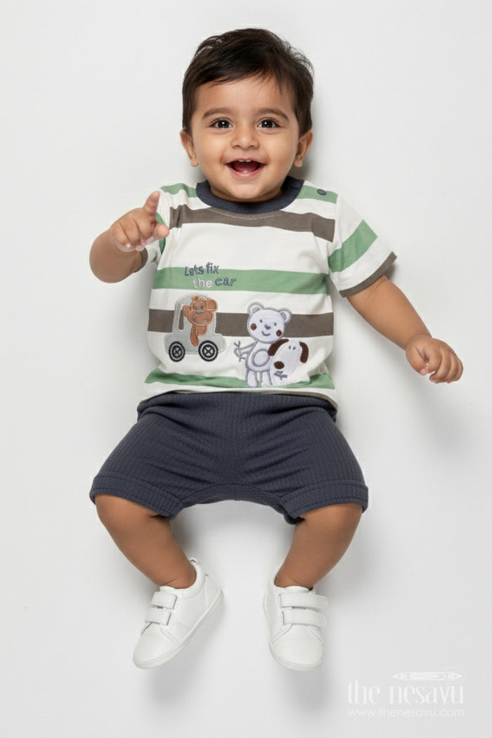 The Nesavu Boys Casual Set Baby Boy Cotton Shorts Set for Summer Play and Everyday Wear Nesavu 14 (6M) / Green BCS530A-14 Nesavu baby boy striped cotton t-shirt shorts set summer days casual play