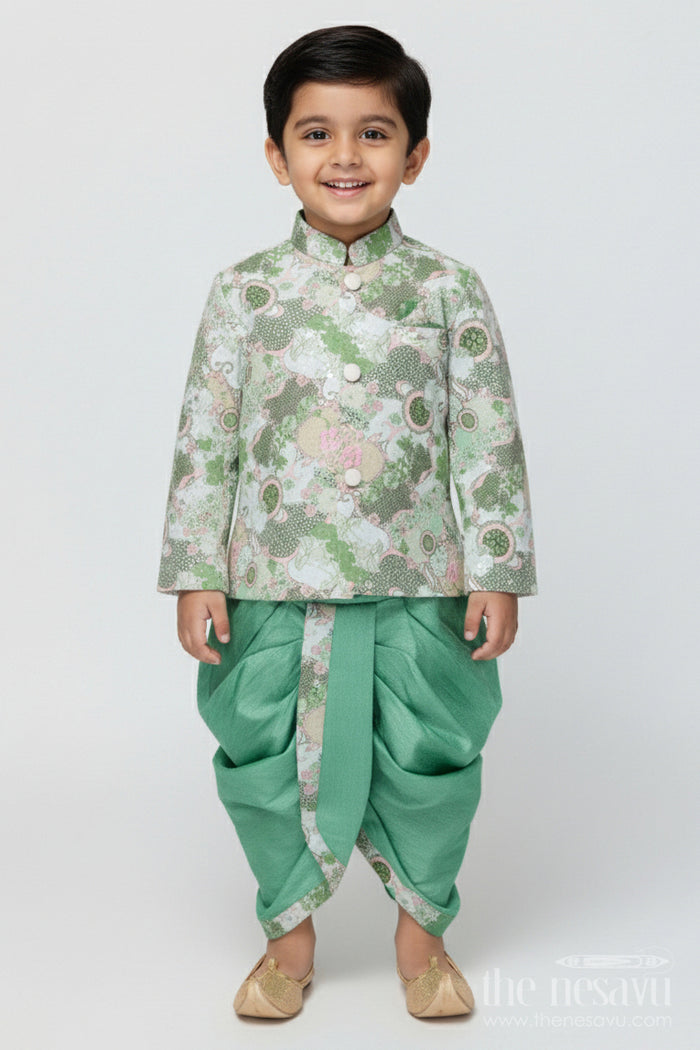 The Nesavu Boys Dothi Set Baby Boy Dhoti Kurta Set for Traditional Events and Family Functions Nesavu 12 (3M) / Green BES939A-12 Nesavu baby boy dhoti kurta set for weddings and traditional functions with digital print