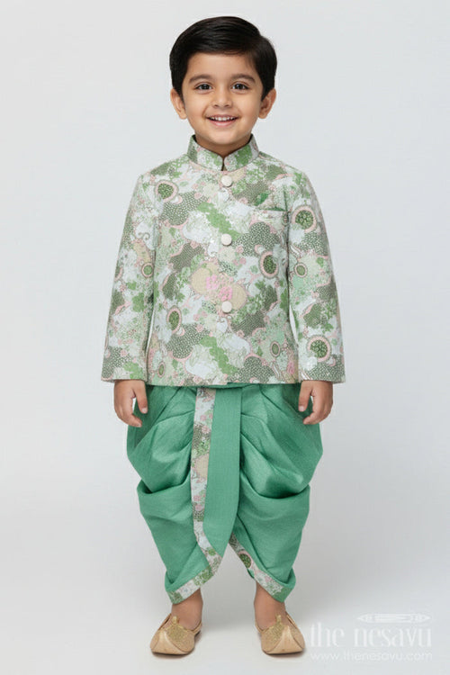 The Nesavu Boys Dothi Set Baby Boy Dhoti Kurta Set for Traditional Events and Family Functions Nesavu 12 (3M) / Green BES939A-12 Nesavu baby boy dhoti kurta set for weddings and traditional functions with digital print