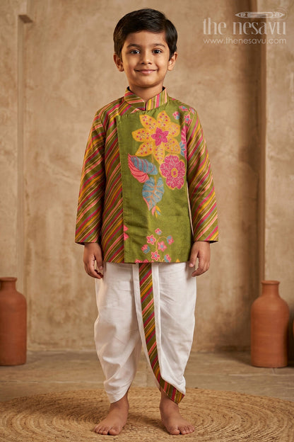 The Nesavu Boys Dothi Set Baby Boy Dhoti Set for Festive Occasions and Traditional Outings Nesavu 14 (6M) / Green / Viscose BES1007A-14 Nesavu Baby Boy Dhoti Set For Festive Occasions With Digital Print Top And Comfortable Traditional Wear