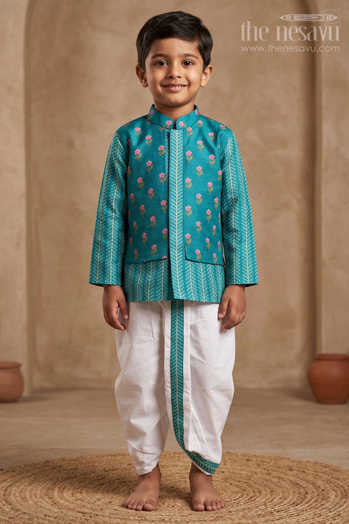 The Nesavu Boys Dothi Set Baby Boy Dhoti Set for Traditional Functions and Festive Wear Nesavu 14 (6M) / Green / Viscose BES1006A-14 Nesavu Baby Boy Dhoti Set For Festive Wear With Digital Print Top And Comfortable Ethnic Styling