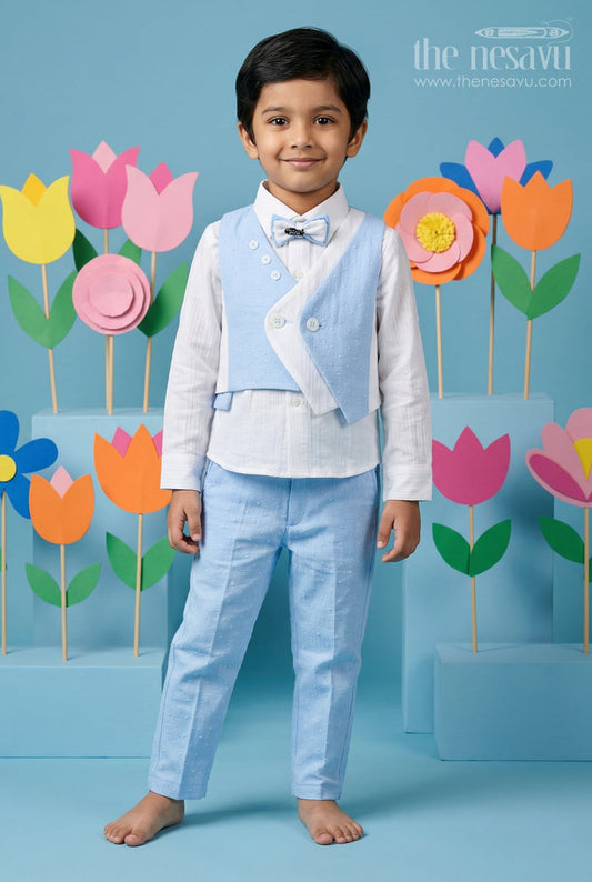 The Nesavu Boys Casual Set Baby Boy Outfit for Birthday Parties and Special Occasions Nesavu 12 (3M) / Blue / Muslin Cotton BCS592A-12 Nesavu Baby Boy Muslin Cotton Outfit For Birthday Parties With Waistcoat And Pant Set