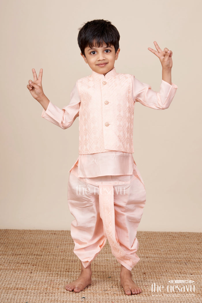 The Nesavu Boys Dothi Set Baby Boy Peach Dhoti Set with Embroidered Silk Jacket for Naming and Festive Wear Nesavu 12 (3M) / Peach BES719A-12 Nesavu peach baby boy dhoti set embroidered silk jacket  perfect naming ceremonies festive events