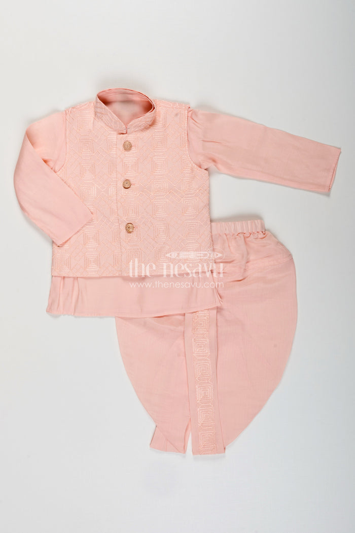 The Nesavu Boys Dothi Set Baby boy peach dhoti set with embroidered silk jacket for naming and festive wear Nesavu 12 (3M) / Peach BES719A-12 Nesavu peach baby boy dhoti set embroidered silk jacket  perfect naming ceremonies festive events