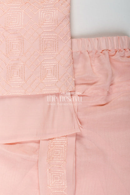 The Nesavu Boys Dothi Set Baby boy peach dhoti set with embroidered silk jacket for naming and festive wear Nesavu Nesavu peach baby boy dhoti set embroidered silk jacket  perfect naming ceremonies festive events