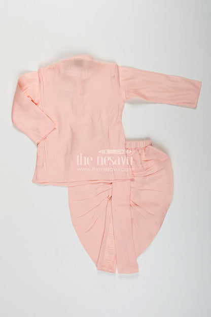 The Nesavu Boys Dothi Set Baby boy peach dhoti set with embroidered silk jacket for naming and festive wear Nesavu Nesavu peach baby boy dhoti set embroidered silk jacket  perfect naming ceremonies festive events
