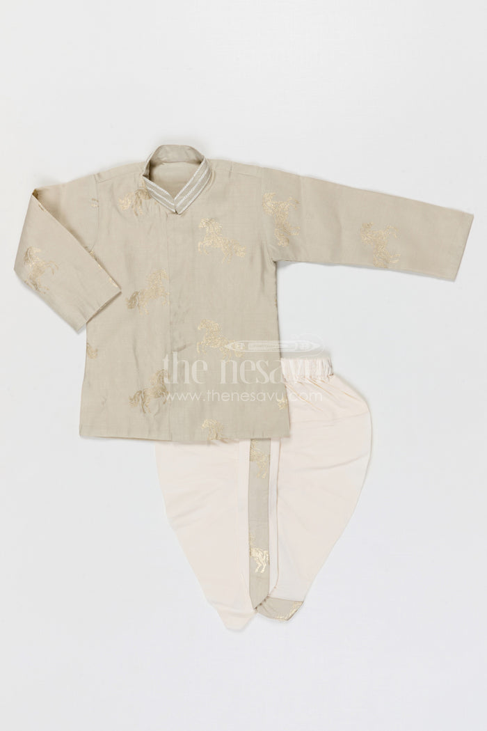 The Nesavu Boys Dothi Set Baby Boy Traditional Dhoti Set for Naming Ceremony and Temple Visit Nesavu 14 (6M) / Silk blend / Cream BES956A-14 Nesavu baby boy traditional dhoti set for naming ceremony temple visits and festive celebrations
