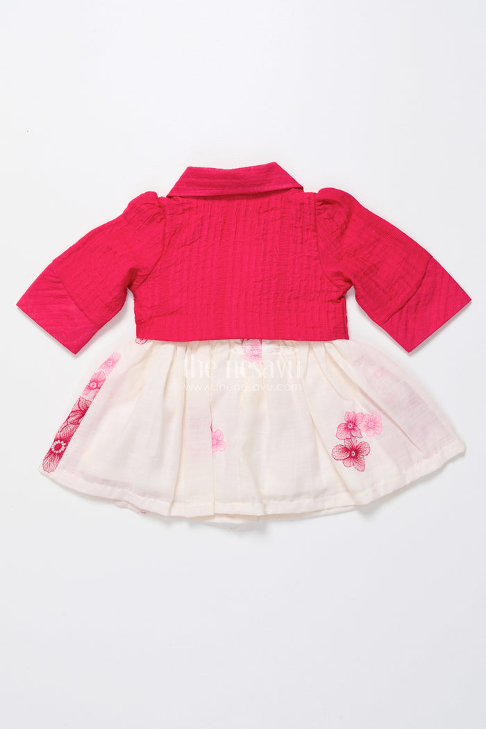 The Nesavu Baby Fancy Frock Baby Cotton Embroidered Frock with Formal Collar Design Nesavu Nesavu baby cotton frock jacket look embroidery  festive party wear