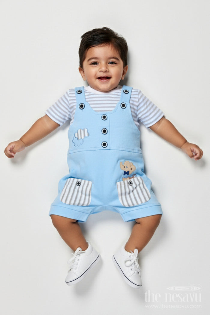 The Nesavu Baby Dungarees Baby Dungaree Set with Embroidery for Casual Play and Day Outings Nesavu 14 (6M) / Blue BCS512B-14 Nesavu embroidered baby dungaree set cotton everyday comfort playful outings