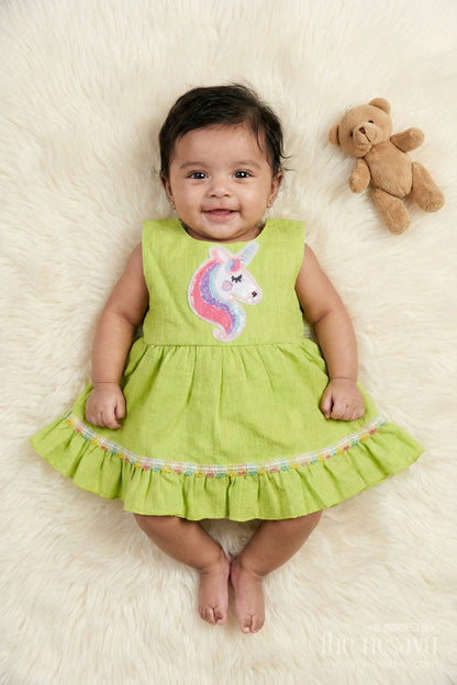 The Nesavu Baby Cotton Frocks Baby Frock with Unicorn Patch and Ruffle Hem for Magical Moments Nesavu 14 (6M) / Green / Cotton Blend BFJ913A-14 Nesavu unicorn-themed frock for baby girls with ruffle hem and embroidery