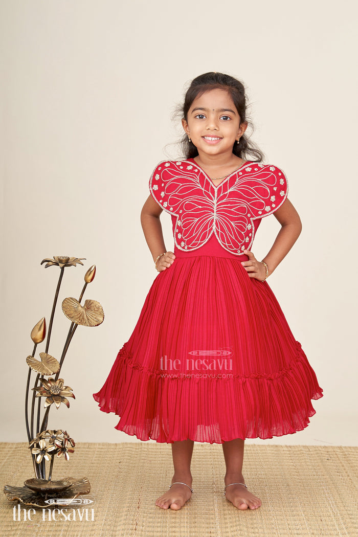The Nesavu Girls Fancy Party Frock Baby girl butterfly frock for birthday parties and celebrations Nesavu Nesavu baby girl georgette butterfly frock embroidered wings birthday party wear