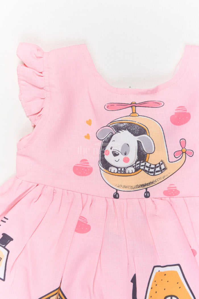 The Nesavu Baby Cotton Frocks Baby Girl Cartoon Print Cotton Frock with Frills for Everyday Charm Nesavu Nesavu baby girl frock with puppy helicopter and cartoon house digital print