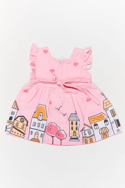 The Nesavu Baby Cotton Frocks Baby Girl Cartoon Print Cotton Frock with Frills for Everyday Charm Nesavu Nesavu baby girl frock with puppy helicopter and cartoon house digital print
