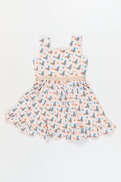 The Nesavu Girls Fancy Frock Baby Girl Casual Frock for Everyday Wear and Travel Nesavu 18 (2Y) / Half white / Cotton Blend GFC2072A-18 Nesavu baby girl cotton frock with bird print and frill hem for summer outings and play