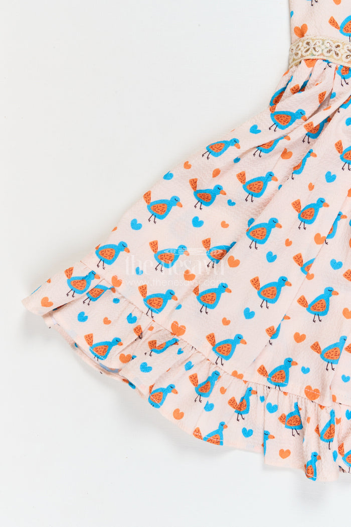 The Nesavu Girls Fancy Frock Baby Girl Casual Frock for Everyday Wear and Travel Nesavu Nesavu baby girl cotton frock with bird print and frill hem for summer outings and play