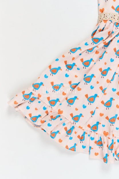 The Nesavu Girls Fancy Frock Baby Girl Casual Frock for Everyday Wear and Travel Nesavu Nesavu baby girl cotton frock with bird print and frill hem for summer outings and play
