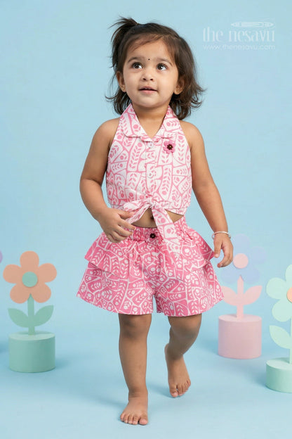 The Nesavu Baby Casual Sets Baby Girl Casual Outfit for Playtime and Summer Outings Nesavu 16 (1Y) / Pink / Georgette BFJ983B-16 Nesavu baby girl casual outfit for playtime with georgette fabric digital print and tie up top summer wear