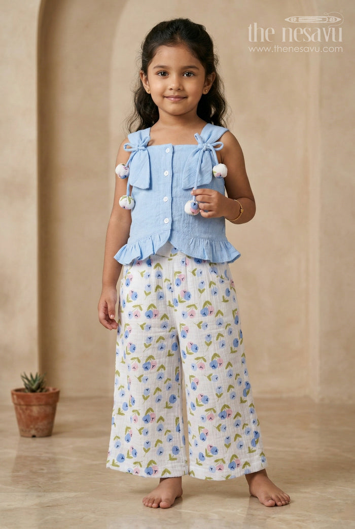 The Nesavu Girls Casual Set Baby Girl Casual Set for Summer Outings and Playtime Comfort Nesavu 16 (1Y) / Blue / Muslin Cotton GPS1029B-16 Nesavu Baby Girl Muslin Cotton Casual Set For Summer Outings With Digital Print And Tie Up Shoulder Design