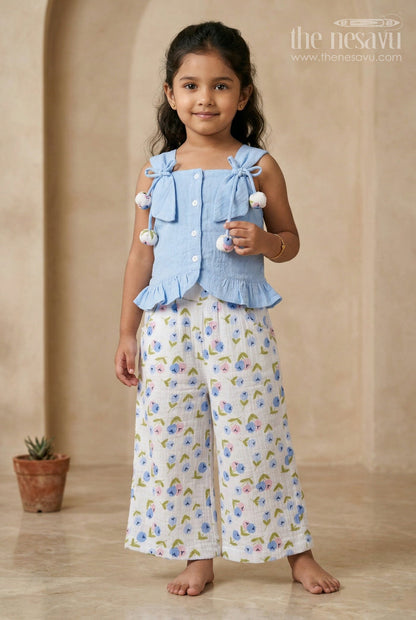 The Nesavu Girls Casual Set Baby Girl Casual Set for Summer Outings and Playtime Comfort Nesavu 16 (1Y) / Blue / Muslin Cotton GPS1029B-16 Nesavu Baby Girl Muslin Cotton Casual Set For Summer Outings With Digital Print And Tie Up Shoulder Design