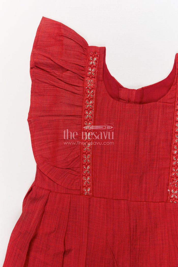 The Nesavu Girls Chanderi Frock Baby Girl Chanderi Cotton Frock for Ethnic Day and Casual Festive Wear Nesavu Nesavu baby girl chanderi cotton frock with embroidered straps and pleats for ethnic occasions