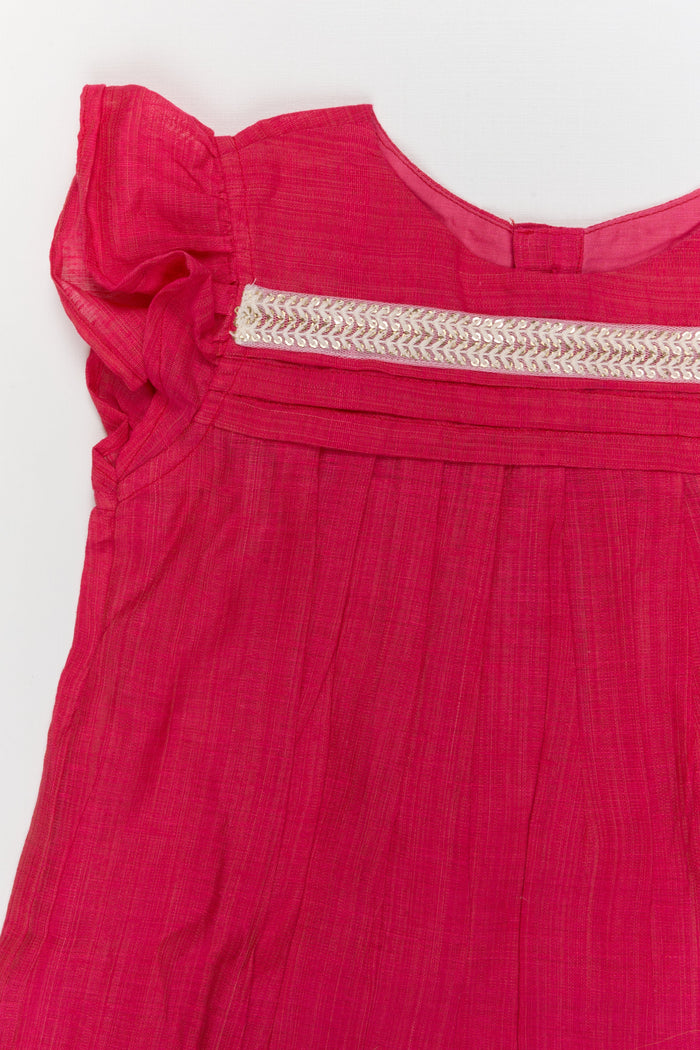The Nesavu Girls Chanderi Frock Baby Girl Chanderi Cotton Frock with Pleated Yoke for Family Gatherings and Ethnic Days Nesavu Nesavu baby girl chanderi cotton frock with pleated yoke and lace for ethnic day and pooja wear