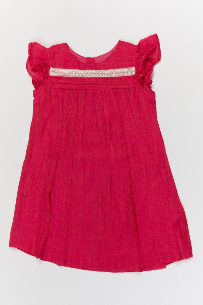 The Nesavu Girls Chanderi Frock Baby Girl Chanderi Cotton Frock with Pleated Yoke for Family Gatherings and Ethnic Days Nesavu Nesavu baby girl chanderi cotton frock with pleated yoke and lace for ethnic day and pooja wear