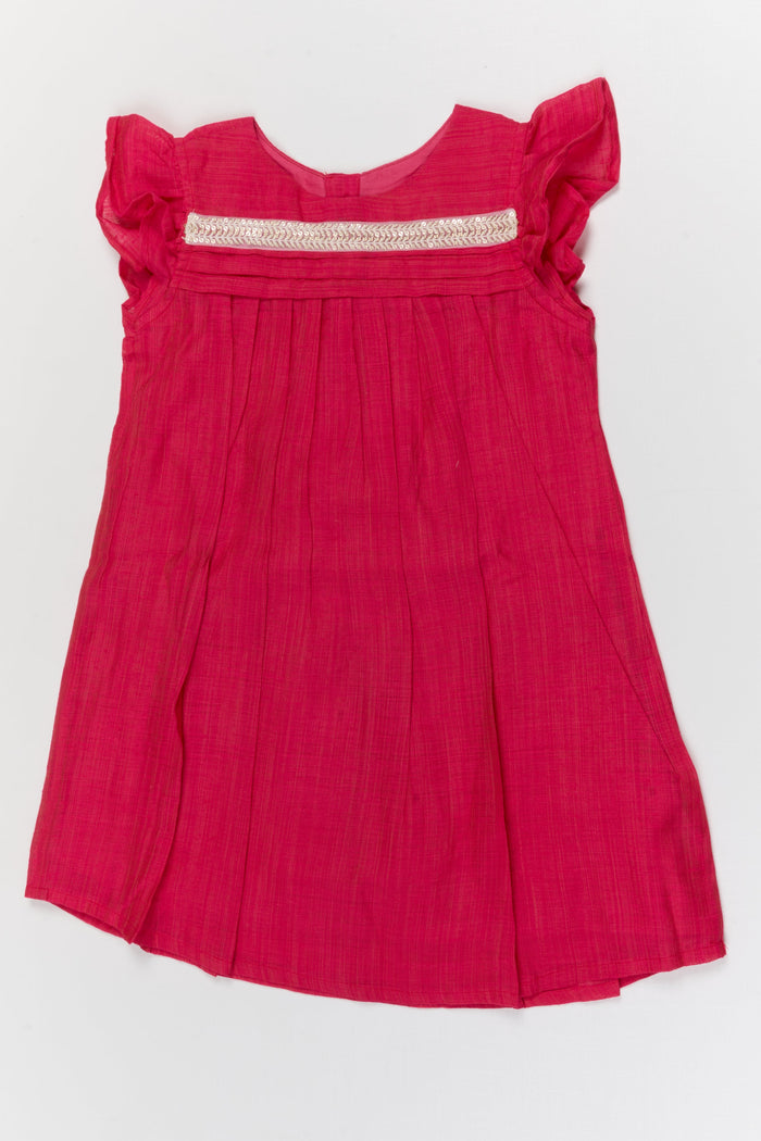 The Nesavu Girls Chanderi Frock Baby Girl Chanderi Cotton Frock with Pleated Yoke for Family Gatherings and Ethnic Days Nesavu Nesavu baby girl chanderi cotton frock with pleated yoke and lace for ethnic day and pooja wear
