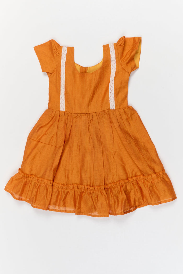 The Nesavu Girls Chanderi Frock Baby Girl Chanderi Cotton Frock with Ruffle Hem for Ethnic Day Celebrations Nesavu 10 (NB) / Orange / Chanderi GFC2095D-10 Nesavu baby girl chanderi cotton frock with ruffle hem and lace for ethnic school events