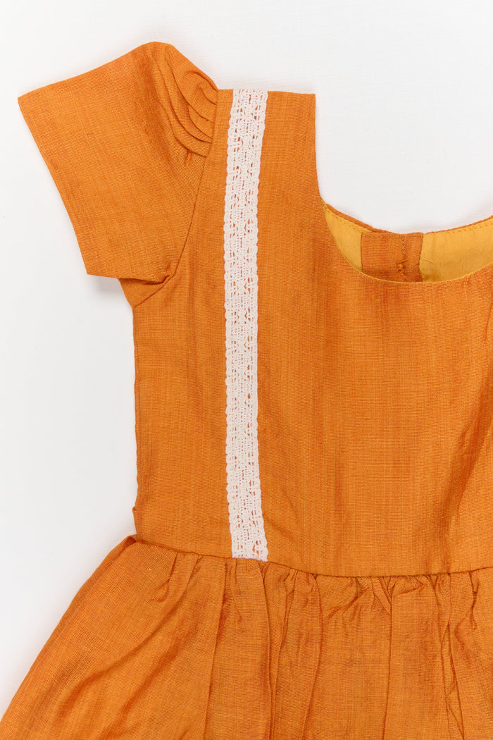 The Nesavu Girls Chanderi Frock Baby Girl Chanderi Cotton Frock with Ruffle Hem for Ethnic Day Celebrations Nesavu Nesavu baby girl chanderi cotton frock with ruffle hem and lace for ethnic school events