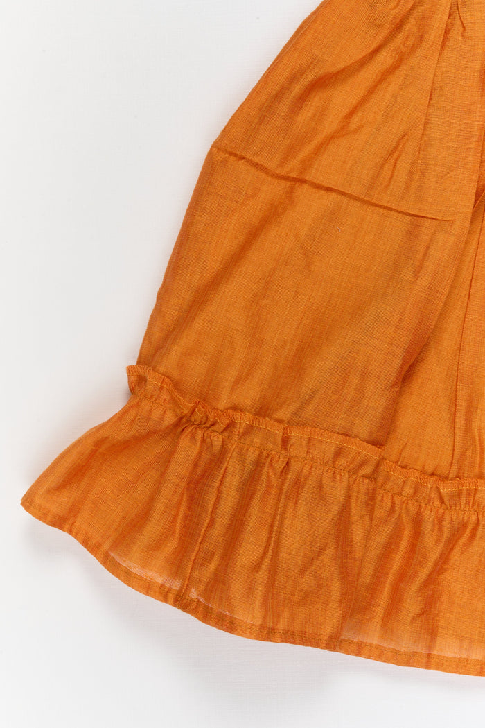 The Nesavu Girls Chanderi Frock Baby Girl Chanderi Cotton Frock with Ruffle Hem for Ethnic Day Celebrations Nesavu Nesavu baby girl chanderi cotton frock with ruffle hem and lace for ethnic school events