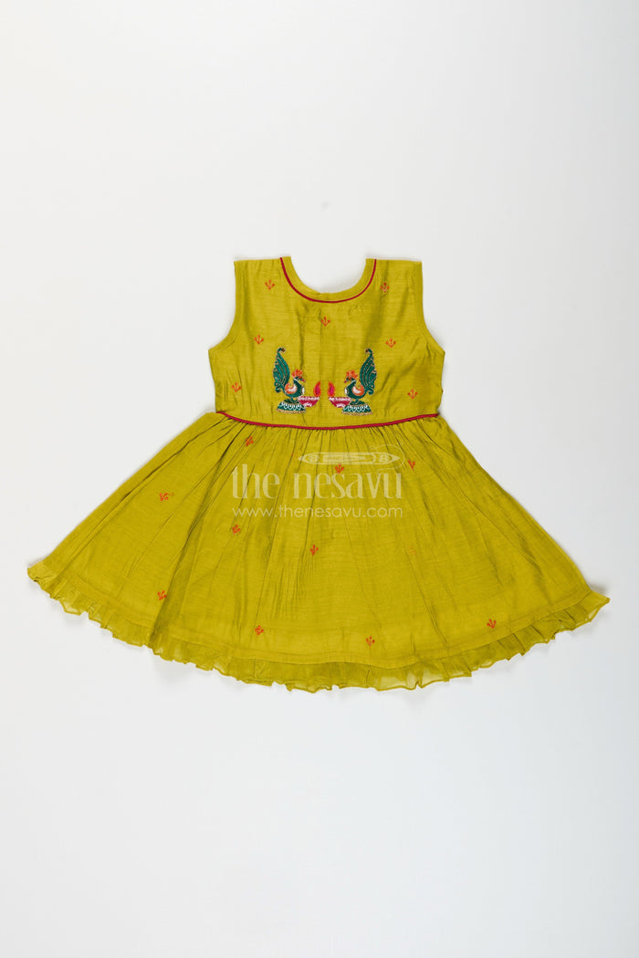 The Nesavu Girls Chanderi Frock Baby girl chanderi frock for traditional events and photoshoots Nesavu 16 (1Y) / Green GFC1648B-16 Nesavu baby girl sleeveless chanderi frock with peacock embroidery for traditional occasions
