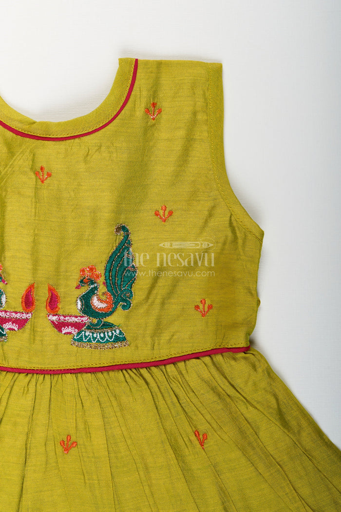 The Nesavu Girls Chanderi Frock Baby girl chanderi frock for traditional events and photoshoots Nesavu Nesavu baby girl sleeveless chanderi frock with peacock embroidery for traditional occasions
