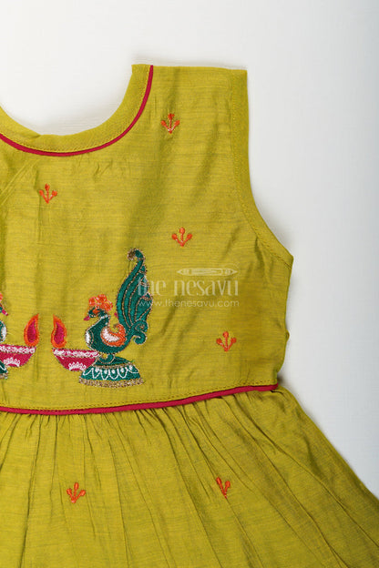 The Nesavu Girls Chanderi Frock Baby girl chanderi frock for traditional events and photoshoots Nesavu Nesavu baby girl sleeveless chanderi frock with peacock embroidery for traditional occasions