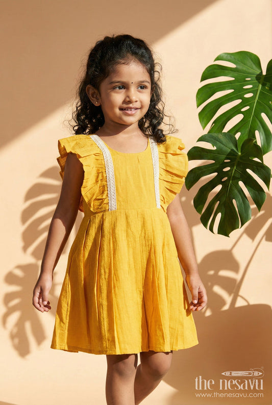 The Nesavu Girls Chanderi Frock Baby Girl Chanderi Frock for Traditional School Wear and Festive Dressing Nesavu 16 (1Y) / Yellow / Chanderi GFC2062B-16 Nesavu chanderi cotton frock for baby girls with embroidered straps for ethnic functions