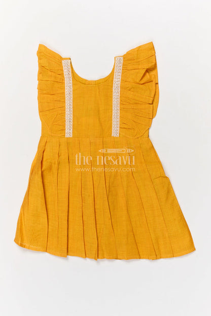The Nesavu Girls Chanderi Frock Baby Girl Chanderi Frock for Traditional School Wear and Festive Dressing Nesavu 16 (1Y) / Yellow / Chanderi GFC2062B-16 Nesavu chanderi cotton frock for baby girls with embroidered straps for ethnic functions