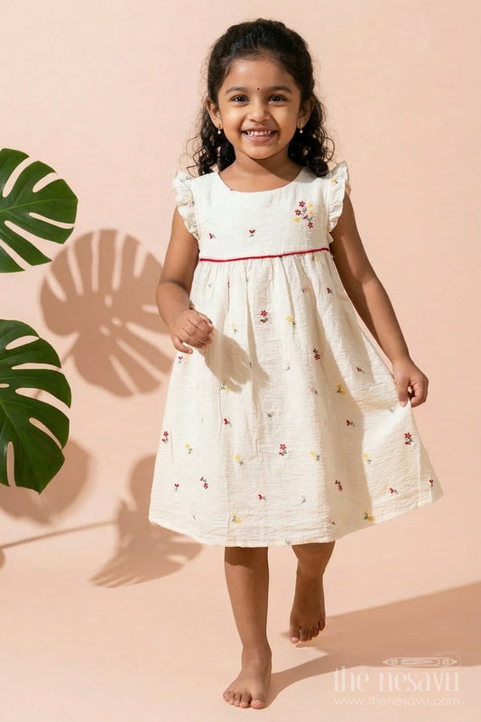 The Nesavu Girls Chanderi Frock Baby Girl Chanderi Frock with Floral Thread Embroidery for Day Events Nesavu Nesavu baby girl chanderi frock with floral embroidery for daytime events and family functions